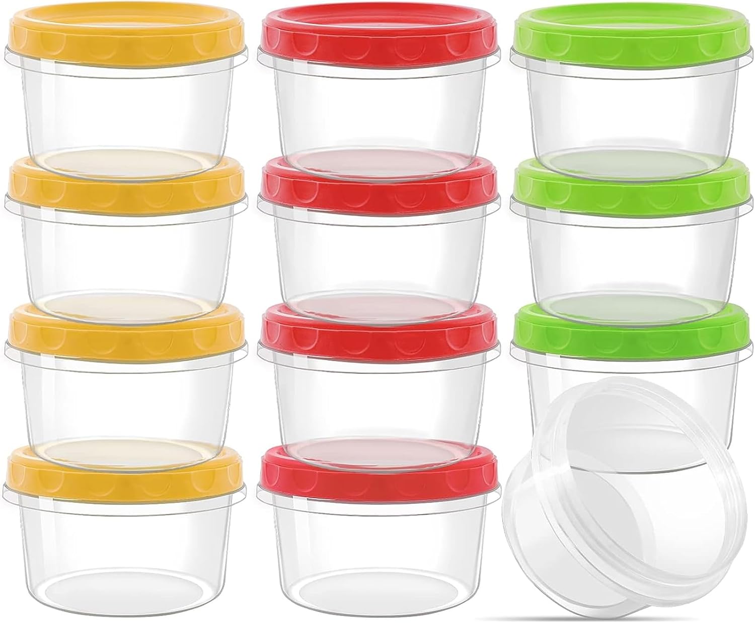 PALUDO 12 Pack 8 oz Reusable Plastic Food Container with Lids, Deli Containers Stackable Food Storage Jars, Dishwasher & Microwave & Freezer Safe (Red/Green/Yellow)