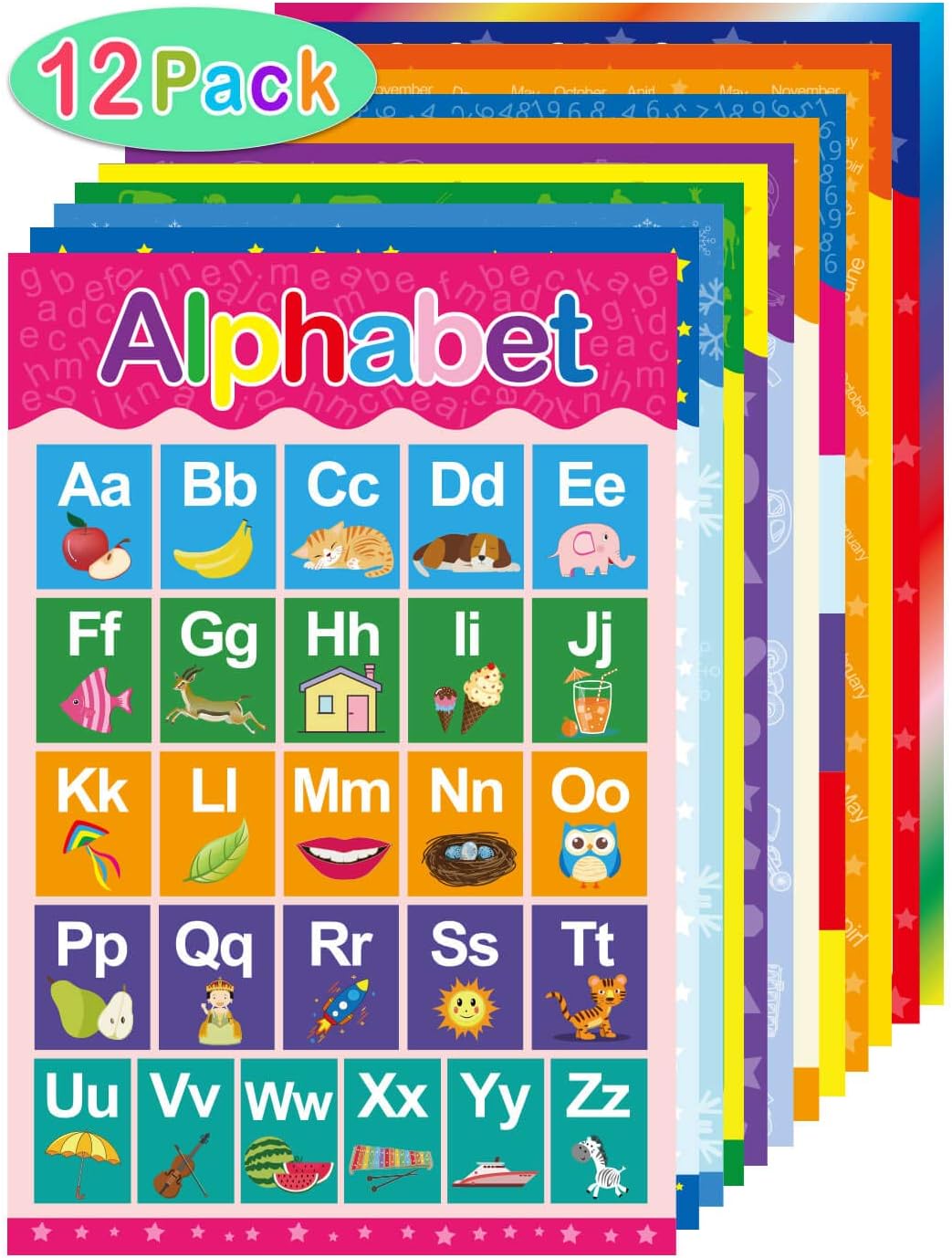 Yoklili 12 Educational Preschool Posters for Toddlers and Kids Classroom Nursery Homeschool Kindergarten Learning Alphabet Numbers Shapes Colors Days, 9 x 13.5 inches