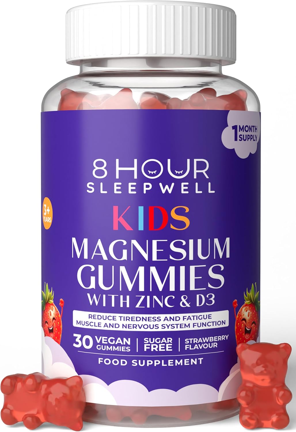 Kids Magnesium Gummies – Chewable, Sugar-Free & Vegan | 1029mg Magnesium Citrate, Providing 113mg Magnesiums to Support Calm Mind & Strong Bones for Kids 3+ | 1 Month Supply | Strawberry Flavour