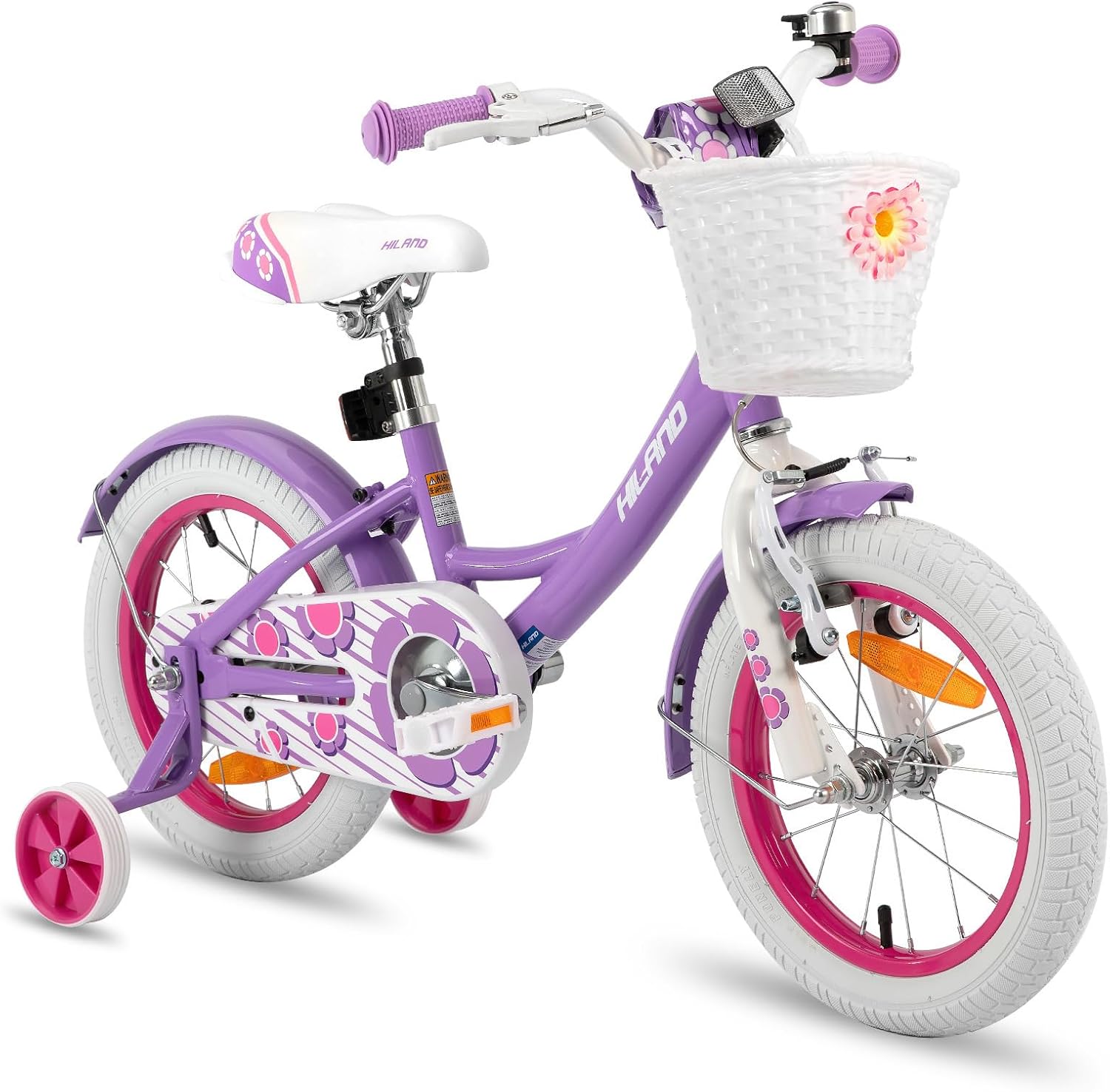 Hiland 12/14/16 Inch Petal Kids Bike, Bicycle for Girls with Basket and Bell, Girls Bike with Stabilisers, Pink/Purple/White