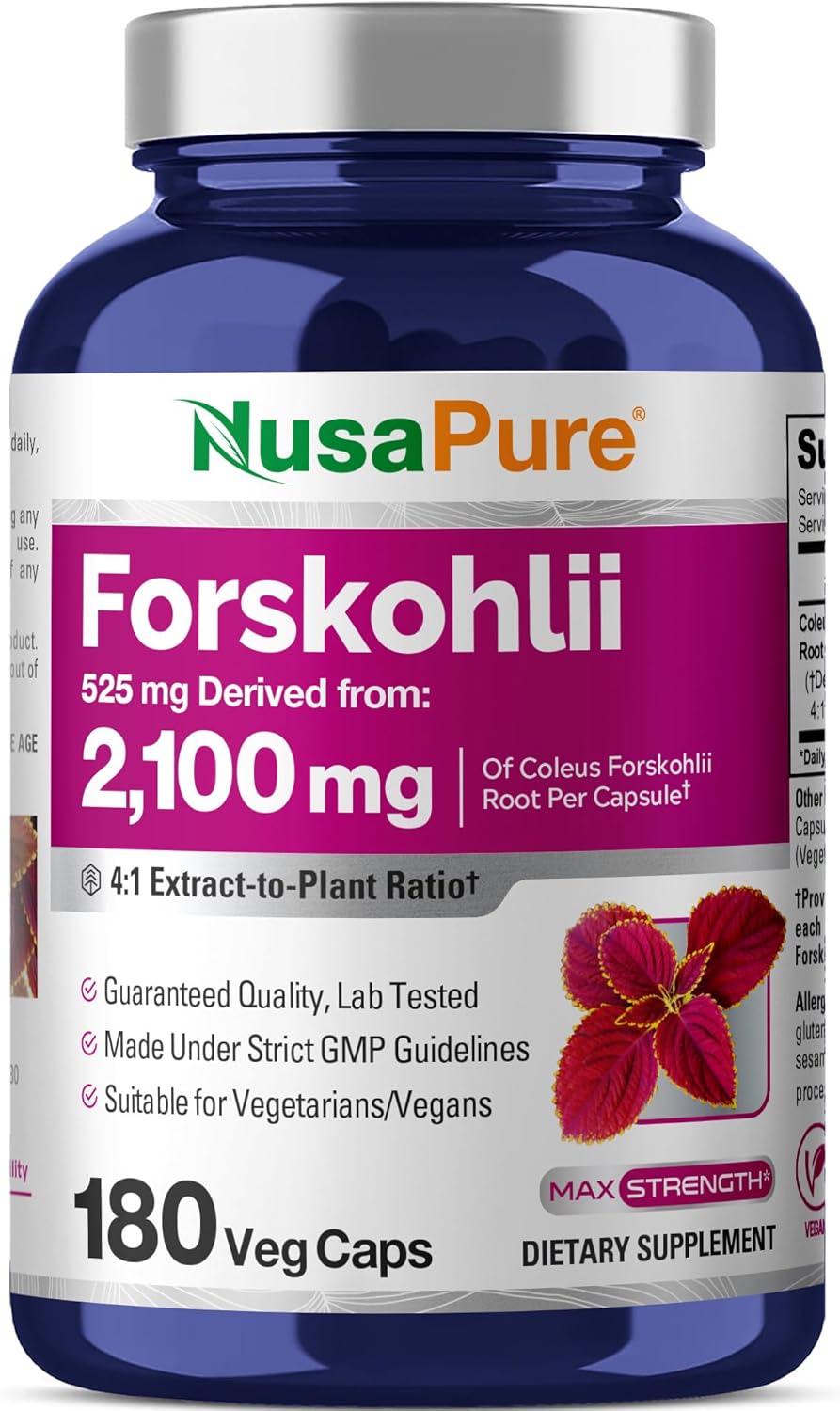 NusaPure Forskohlii 4:1 Extract, 525 mg Equivalent to 21,00 mgper Veggie Caps - 180 Capsules (Non-GMO, Gluten Free)
