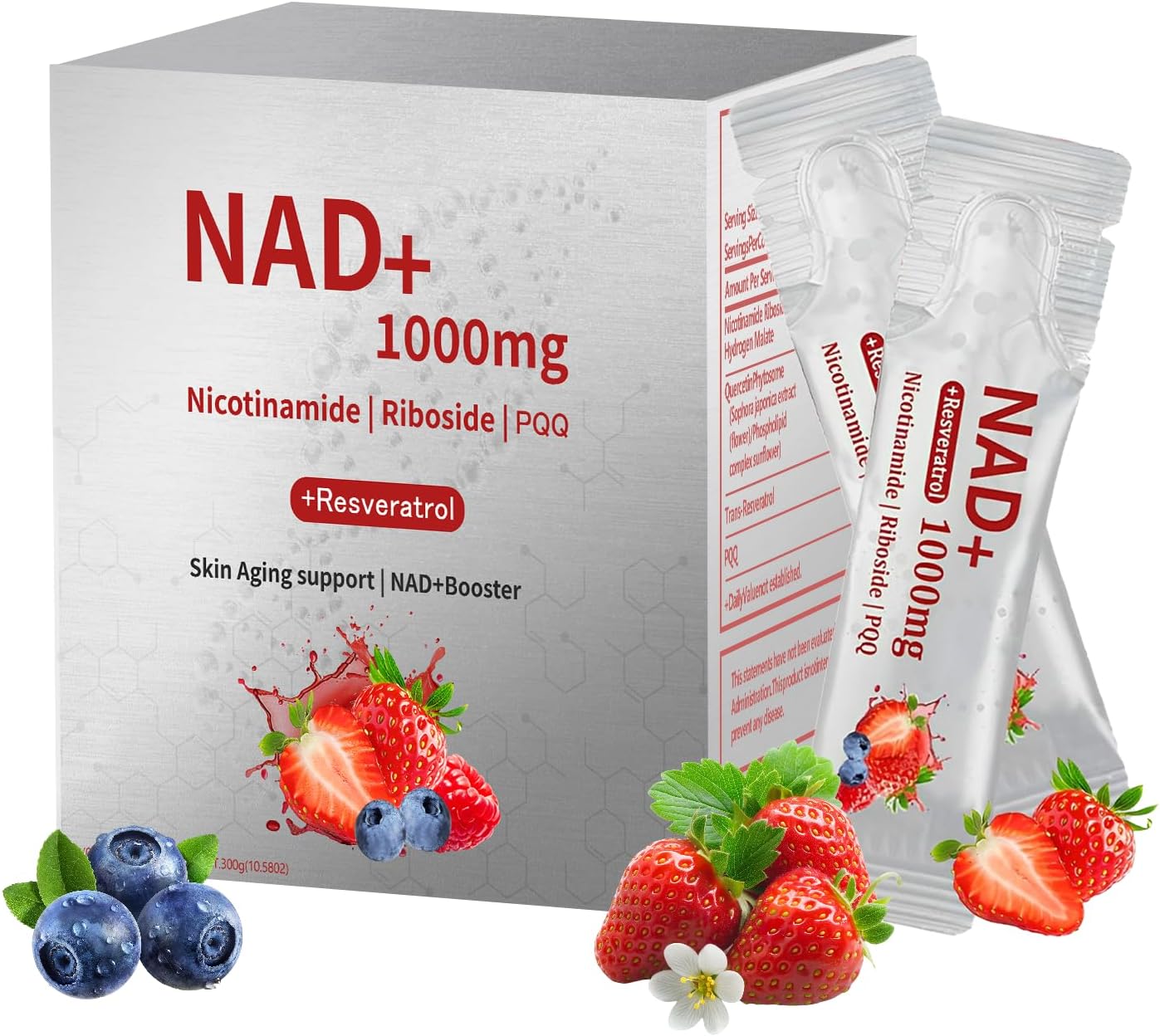NAD 1000mg Liquid Packets - Nicotinamide Riboside Resveratrol Supplements with PQQ, NAD+ Berry Flavor Drink Mix for Skin Aging Support, Energy and Focus - 30 Pack