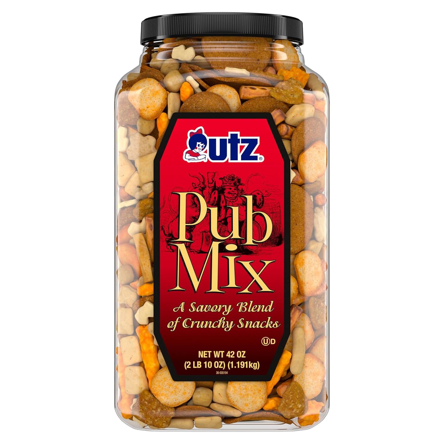 Utz Pub Mix, 42 Oz. Barrel, Savory Snack Mix with a Blend of Crunchy Flavors for a Tasty Party Snack, Resealable Container, Trans-Fat Free and Kosher Certified