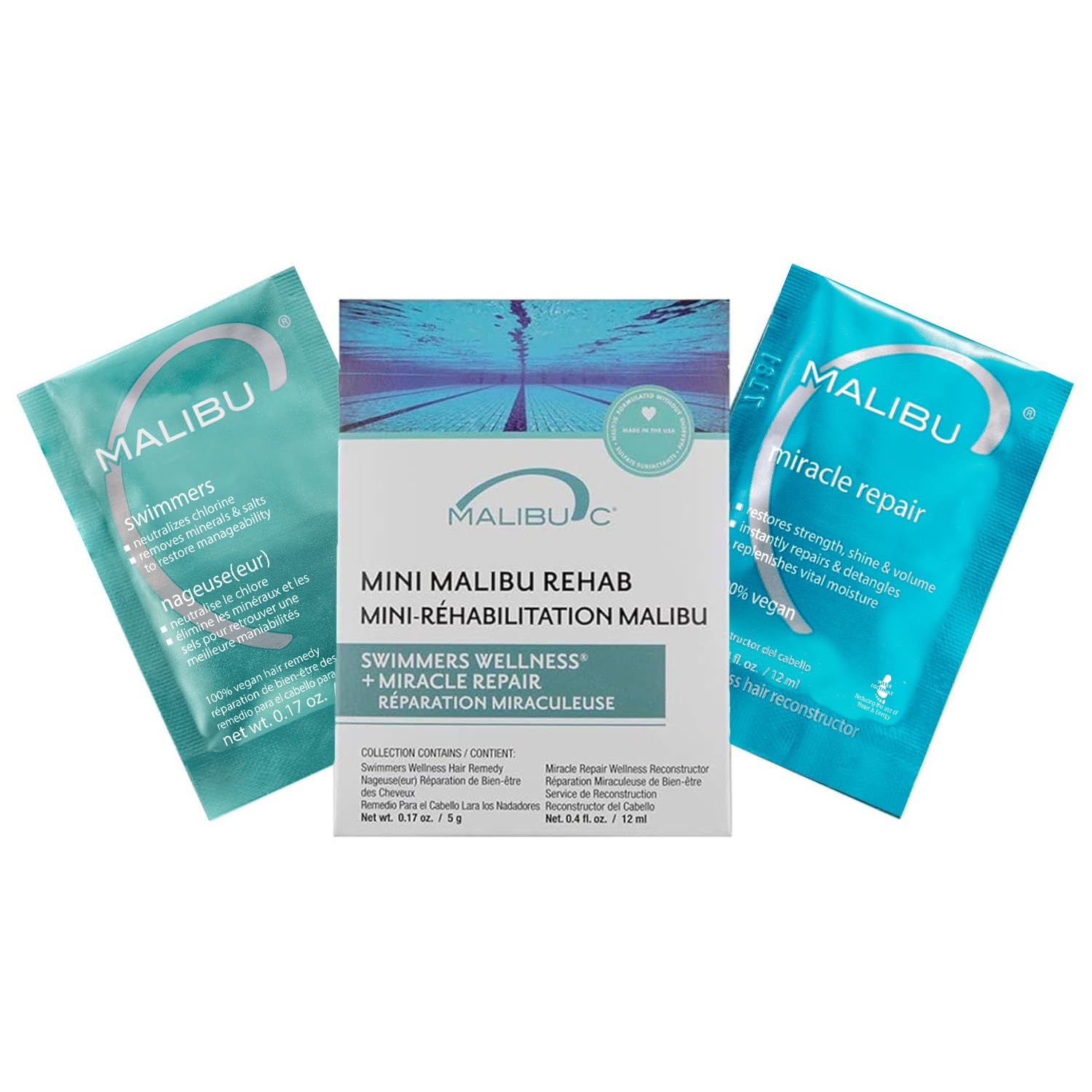 Malibu C Mini Rehab Swimmers Wellness - Contains 2 Remedy Packets - Discoloration Correcting Care for Swimmers - Restores Hair Shine & Moisture