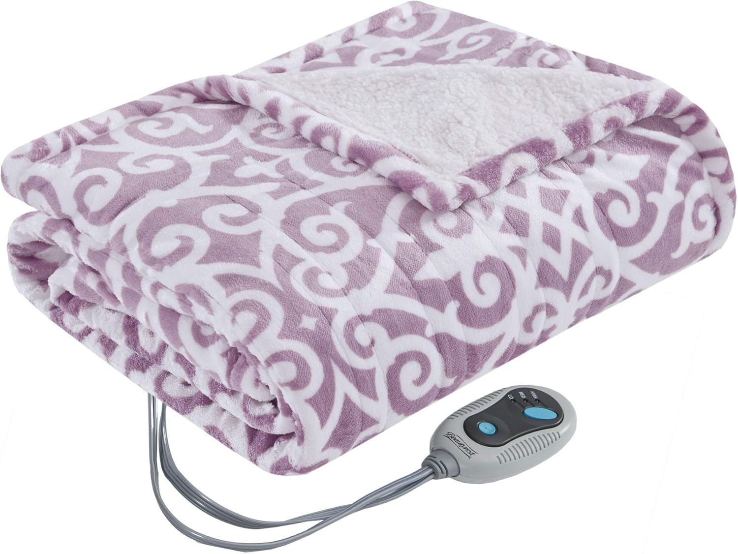 Beautyrest Heated Throw Blanket Wearable Shawl for Gifts, Sherpa to Fleece Electric Wrap Poncho, Auto Shut Off, Virtually No EMF, 3 Heat Level, UL Certified, Machine Wash, Lavender Lattice 50"x64"