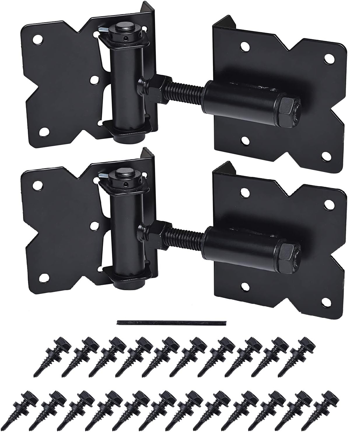 Self Closing Gate Hardware Hinges Heavy Duty for Wooden/Vinyl/PVC Fences,90 Degree Adjustable, with Installation Screws and Swing Adjuster Tool,2 Pack/Set,Black