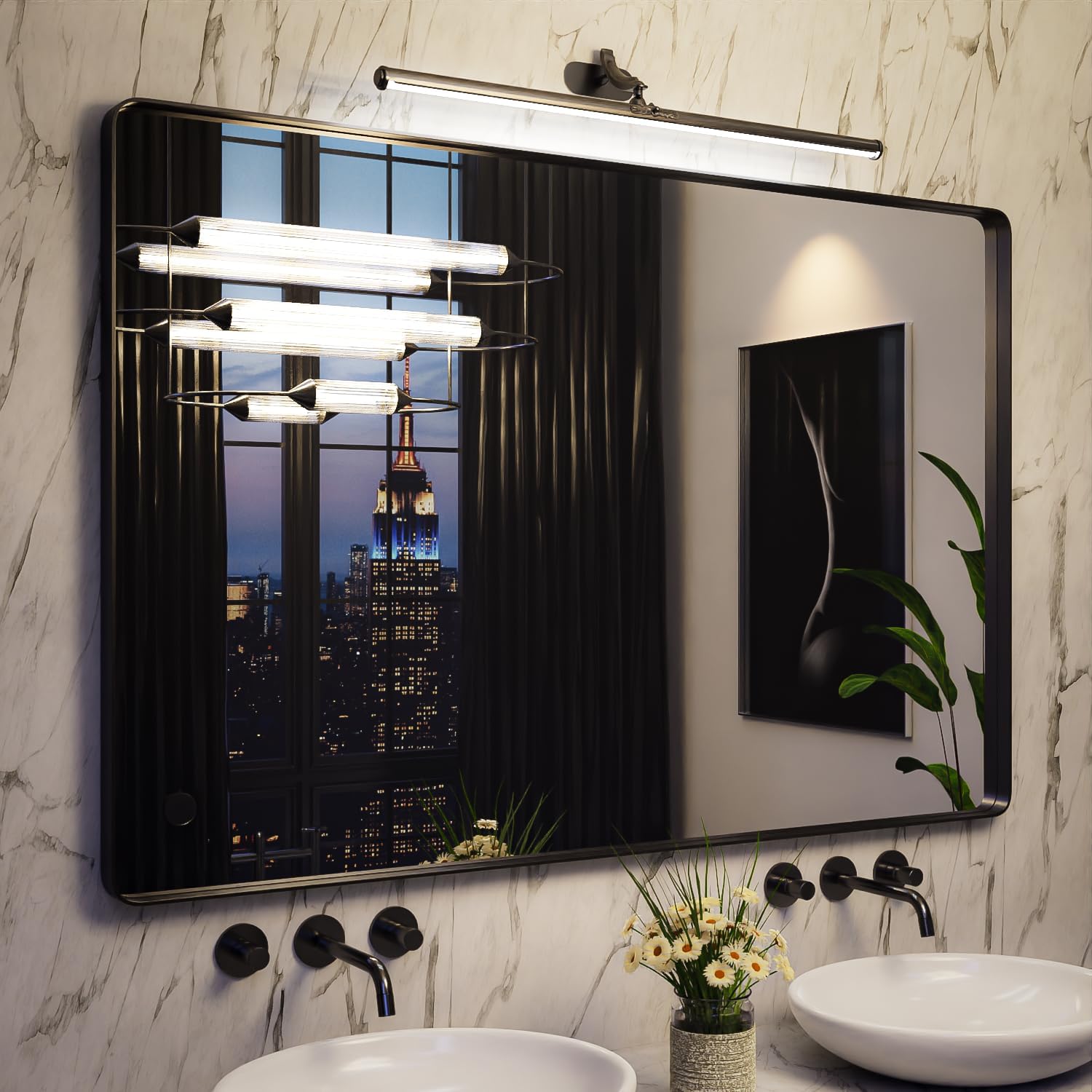 Yamazakura Large Bathroom Mirror for Wall, 60x40 Inch Matte Black Framed Bathroom Vanity Mirror for Farmhouse Living Room Bedroom, Anti-Rust, Tempered Glass, Rounded Corner, Horizontal/Vertical