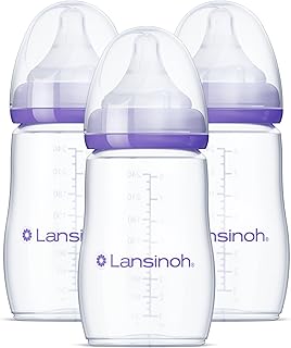 Lansinoh Anti-Colic Baby Bottles for Breastfeeding Babies, 8 Ounces, 3 Count, Includes 3 Medium Flow Nipples, Size M