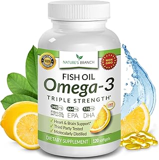 Best Triple Strength Omega 3 Fish Oil Pills 2400mg | 120 Capsules | Burpless High Potency Lemon Flavor | 864mg EPA 576mg DHA Ultra Pure Liquid Softgels | Brain Joints Eyes Hair Heart Health Supplement