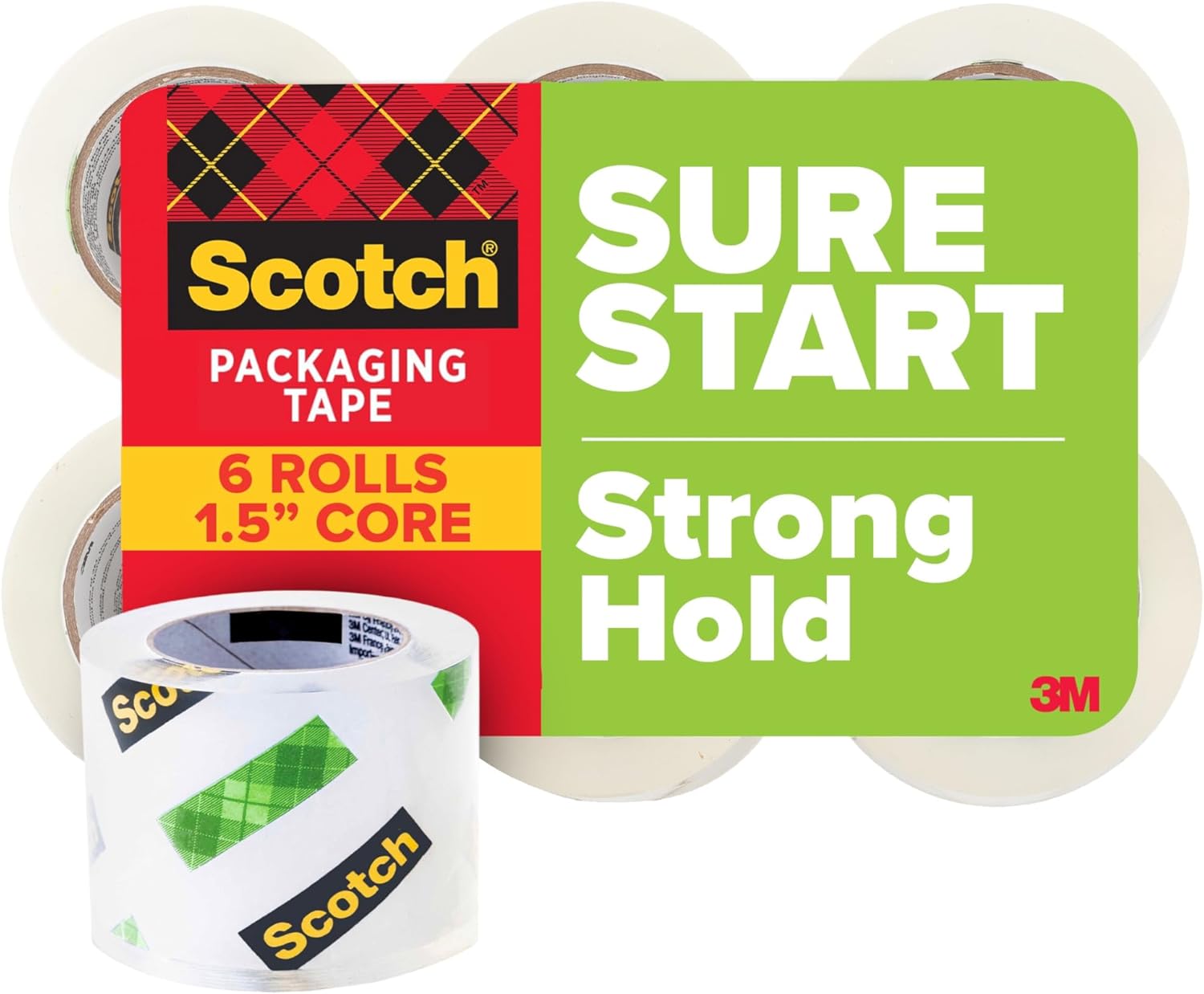 Scotch Sure Start Packing Tape, Clear, Holiday Wrapping Tape with Quiet Unwind and Easy Start, 1.88 in. x 25 yd., 6 Tape Rolls, Packaging May Vary