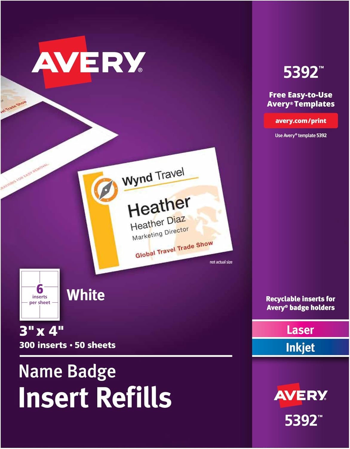 Avery Customizable Name Badge Inserts for Name Tag Holders, 3" x 4", White, Laser/Inkjet Printable, 300 Total (5392)