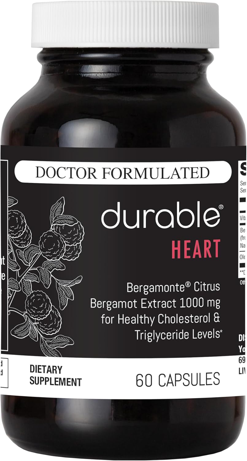 Durable Heart - Extra-Strength 1,000 mg Bergamonte Citrus Bergamot +Olive Leaf Extract +Non-GMO Vitamin C – Natural Heart Health Supplement – Made in The USA (1 Bottle)