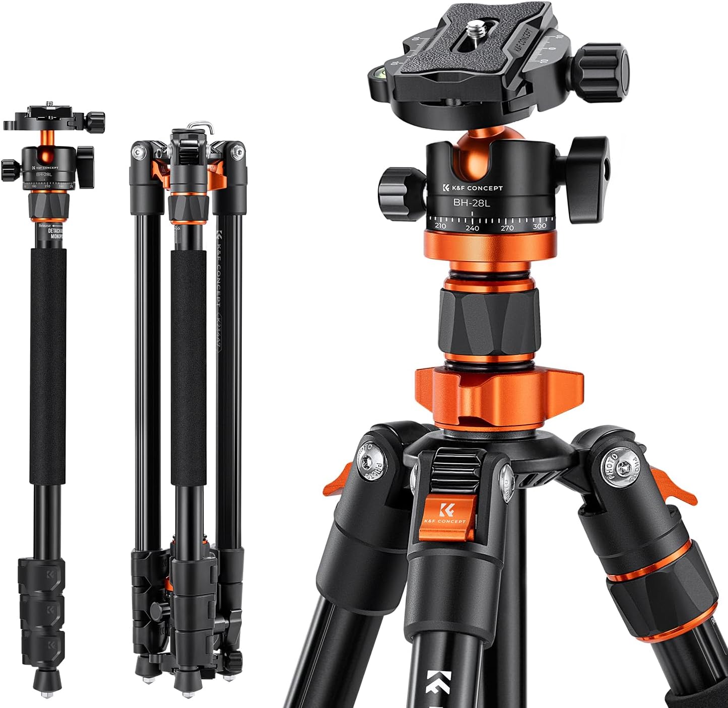 K&F Concept 79" Camera Tripod, Compact Tripod & Monopod with Ball Head, 1/4" Screw QR-Plate, 1/4" Thread Hole, Travel Tripod for DSLR, Camera, Load capacity 10kg, O234A7+BH-28L