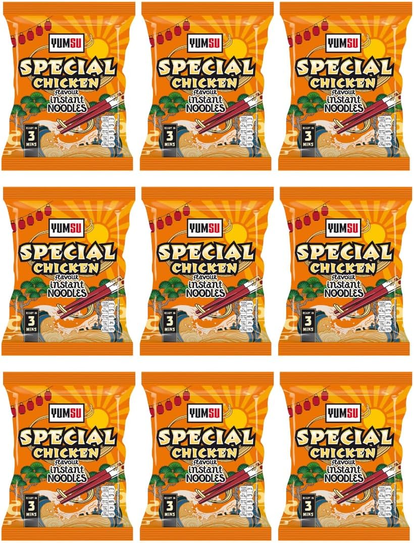 BargainsMania Pack Of 9 - Chicken Instant Noodles 85g - Low In Fats High In Protein - Flavoured Noodles Vegetarian - Simply Mix With Hot Water - Enjoy Delicious Instant Noodles In 4 Minutes