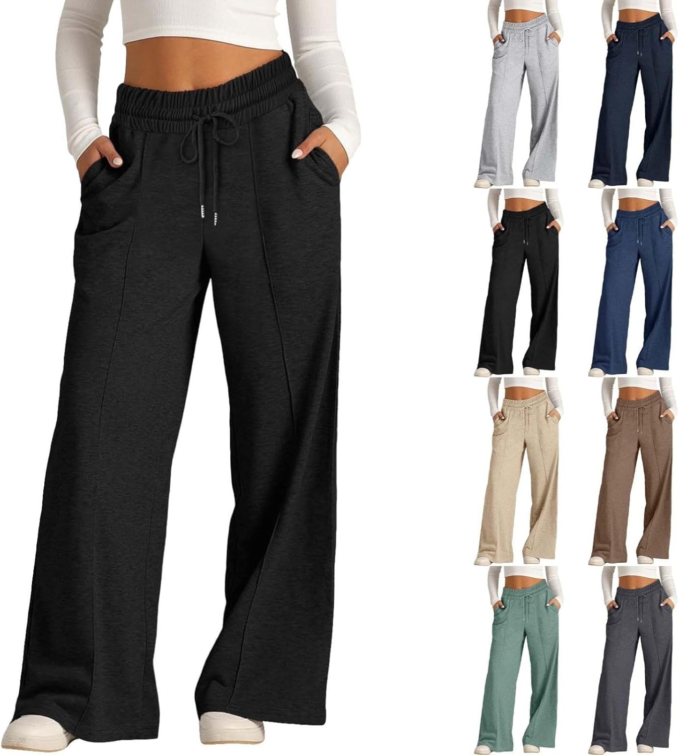Women's Wide Leg Sweatpants Drawstring Elastic High Waist Straight Leg Baggy Trousers Athletic Joggers Lounge Pants Sports Outdoor Trousers Hiking Running Sweat Pants with Pocket