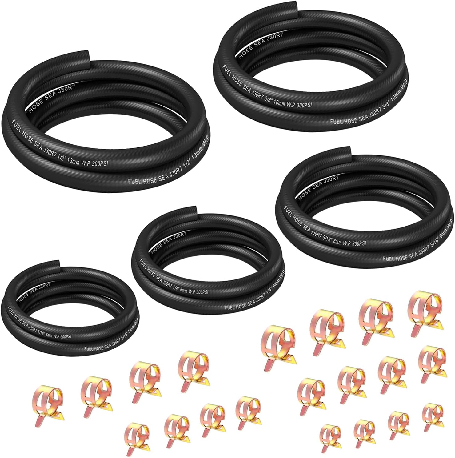 smseace 25pcs 3.3Ft 5-Size Fuel Line Hose Kit - 3/8 Inch 1/2 Inch 5/16 Inch 1/4 Inch 3/16 Inch ID NBR Rubber Fuel Hose with Hose Clamps for Small Engines Automotive Replacement Fuel Hoses