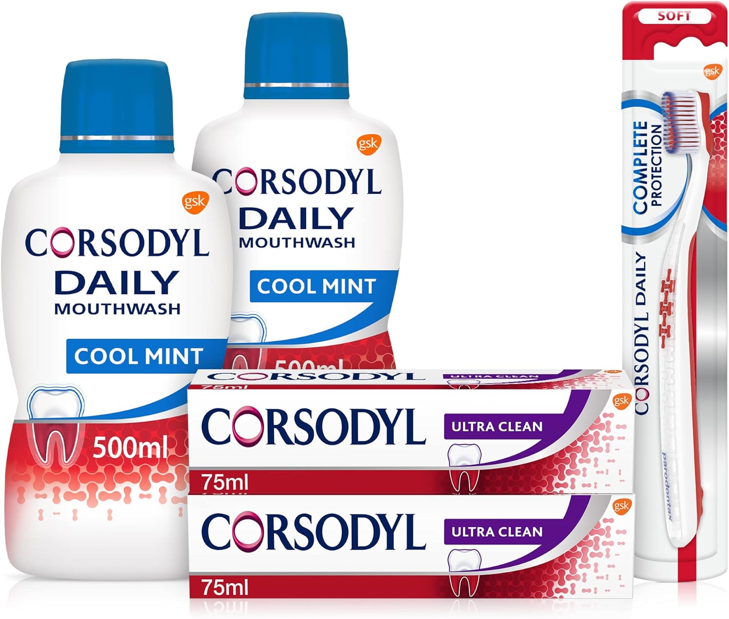 Corsodyl Gum Care Bundle for Healthy Gums: 2X Ultra Clean, 2X Daily Mouthwash Cool Mint 500ml, 1x Daily Toothbrush Soft
