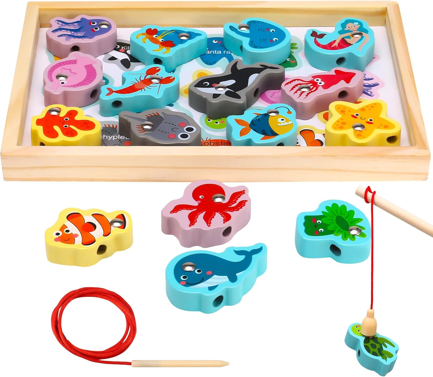 Wooden Fishing Game, 19pcs Magnetic Fishing Game for Kids, Wooden Montessori Toys with Fish Rod, Ocean Animal Games for Toddles Boy Girl Birthday Party Christmas
