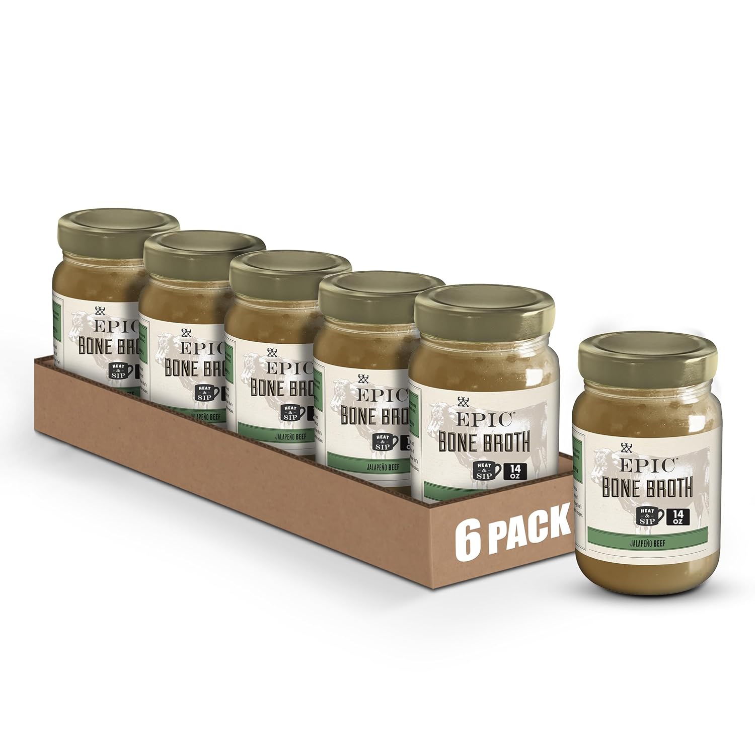 EPIC Beef Jalapeno Sea Salt Bone Broth, Keto Friendly, Paleo Friendly, 14 fl oz (Pack of 6)