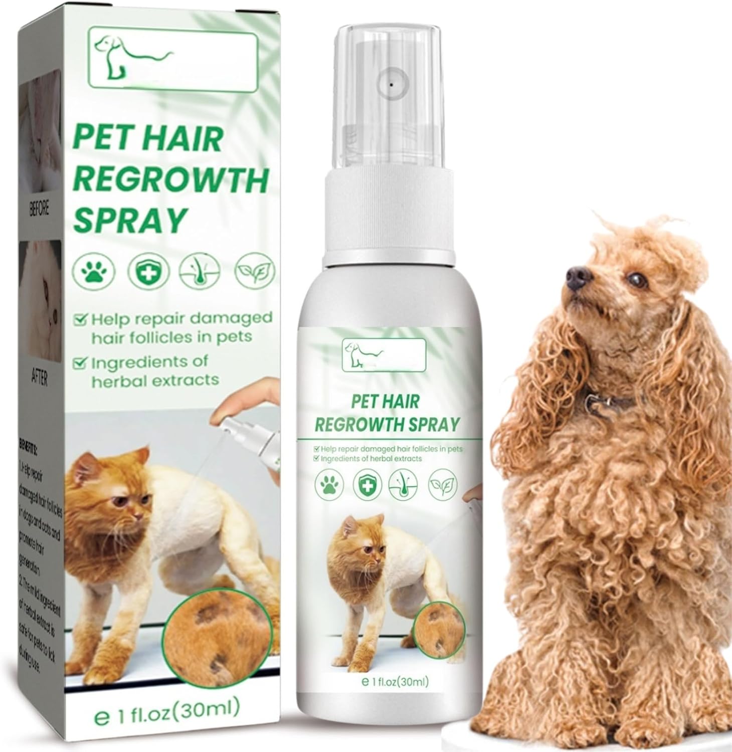 30ml Liquid Spary Pet Hair Loss Treatments,Dog Detangler Spray,Helps Hair Loss Regrowth Works for Dogs&Cats,Hair Regrowth Spray for Cats Dog,Liquid Vit/Amin for All Breeds and Ages Dogs,Hair Care
