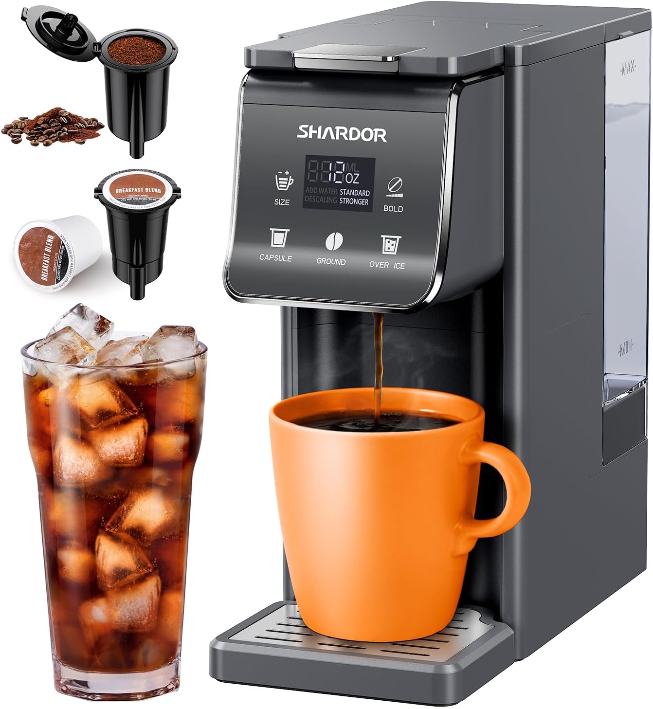 SHARDOR K Cup Coffee Maker With Bold Setting, Single Serve Hot & Iced Coffee Maker for K-Cup and Grounds, 52oz Removable Water Tank, 6 to14oz Brew Sizes, Pod Coffee Machine With Reusable Filter, Grey
