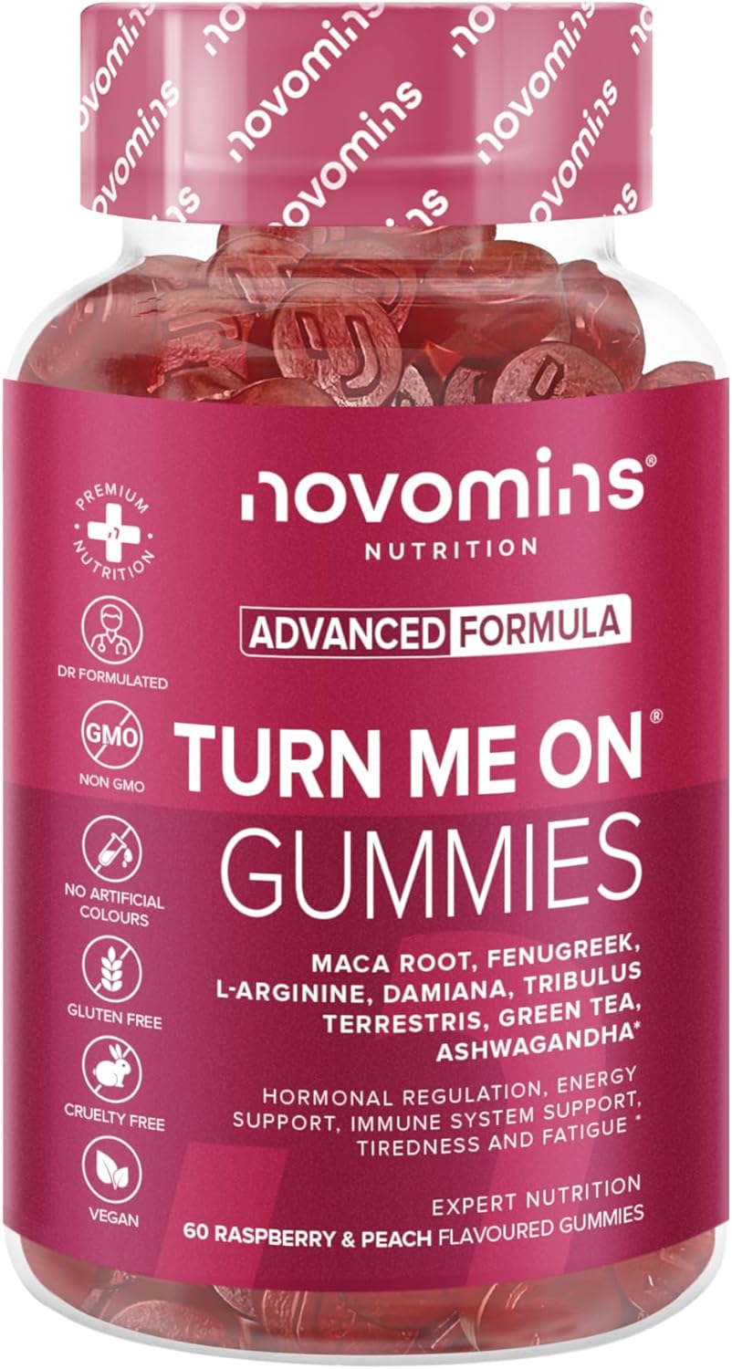 Turn Me On Gummies Women - Maca Root, Damiana, Fenugreek, Zinc, Vitamin B6 & Ashwagandha Gummies - Gluten-Free & Vegan - 60 Gummies for Women - Novomins