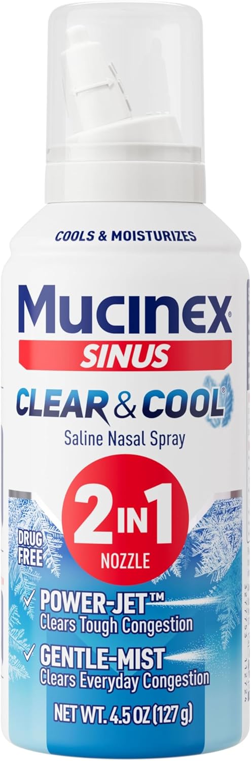 Mucinex Sinus Clear & Cool Saline Nasal Spray & Sinus Rinse with Aloe & Menthol, Drug-Free, Non-Drowsy Nasal Irrigation with 2-in-1 Jet + Mist Spray Nozzle for Cold & Allergy Season, 4.5 oz