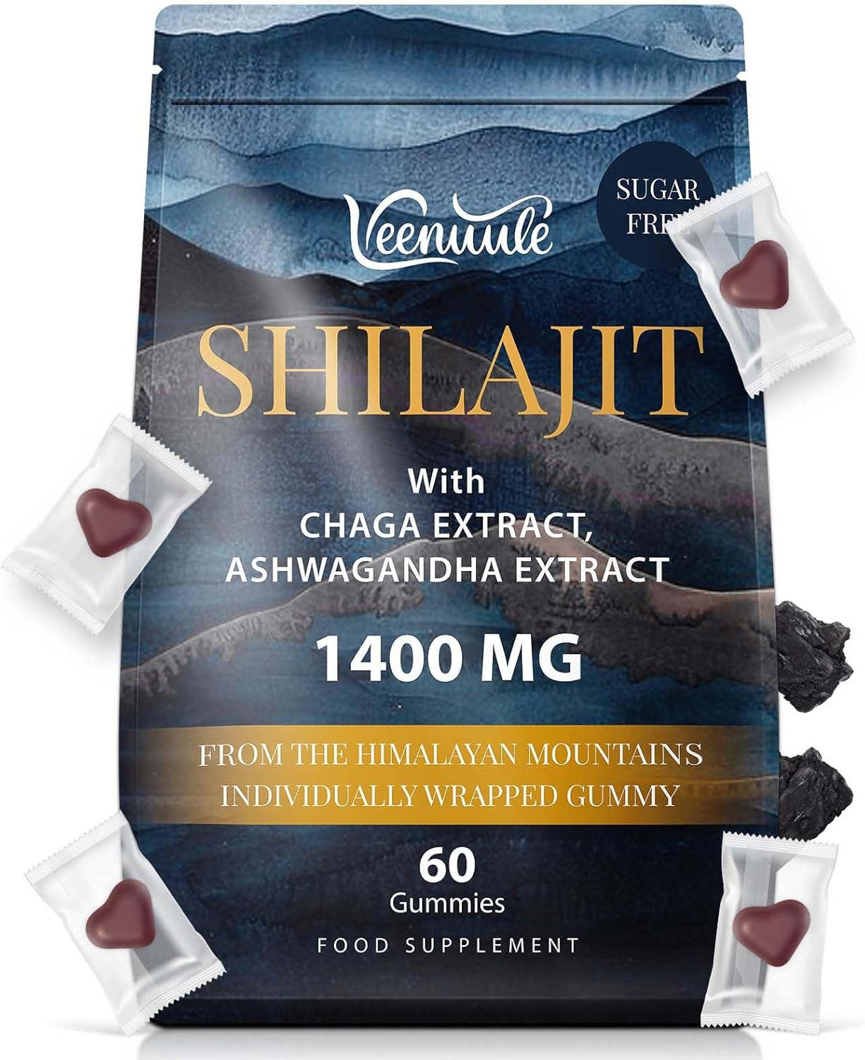 Shilajit Gummies 1400MG, Most Pure High Strength Himalaya with Ashwagandha & Chaga, Fulvic Acid & 85+ Trace Minerals, Natural Energy Shilajit for Men & Woman, No Sugar, 60 Count (Pack of 1)