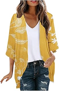 Womens Open Front Cardigans Lightweight Summer Boho Flowy Swimsuit Coverup Beach 3/4 Sleeve Floral Print Tops 2024