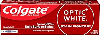 Colgate Optic White Stain Fighter Whitening Toothpaste, Clean Mint Flavor, Safely Removes Surface Stains, Enamel-Safe for Daily Use, Teeth Whitening Toothpaste with Fluoride, 4.2 Oz Tube