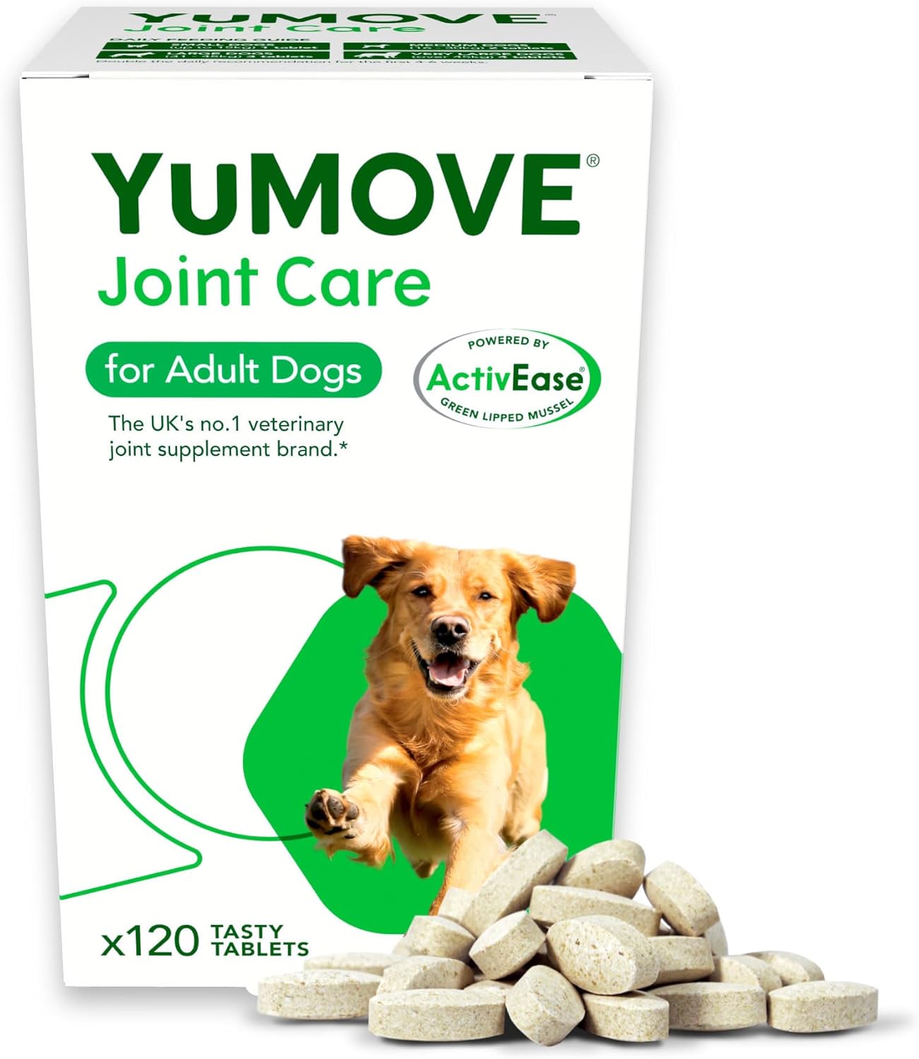 YuMOVE Joint Supplement for Dogs, Higher Strength for Joint Care, Essential Dog Hip and Joint Support for Adult Dogs Aged 6 to 8, 120 Tablets - Eco Friendly and Letter Box Ready Packaging