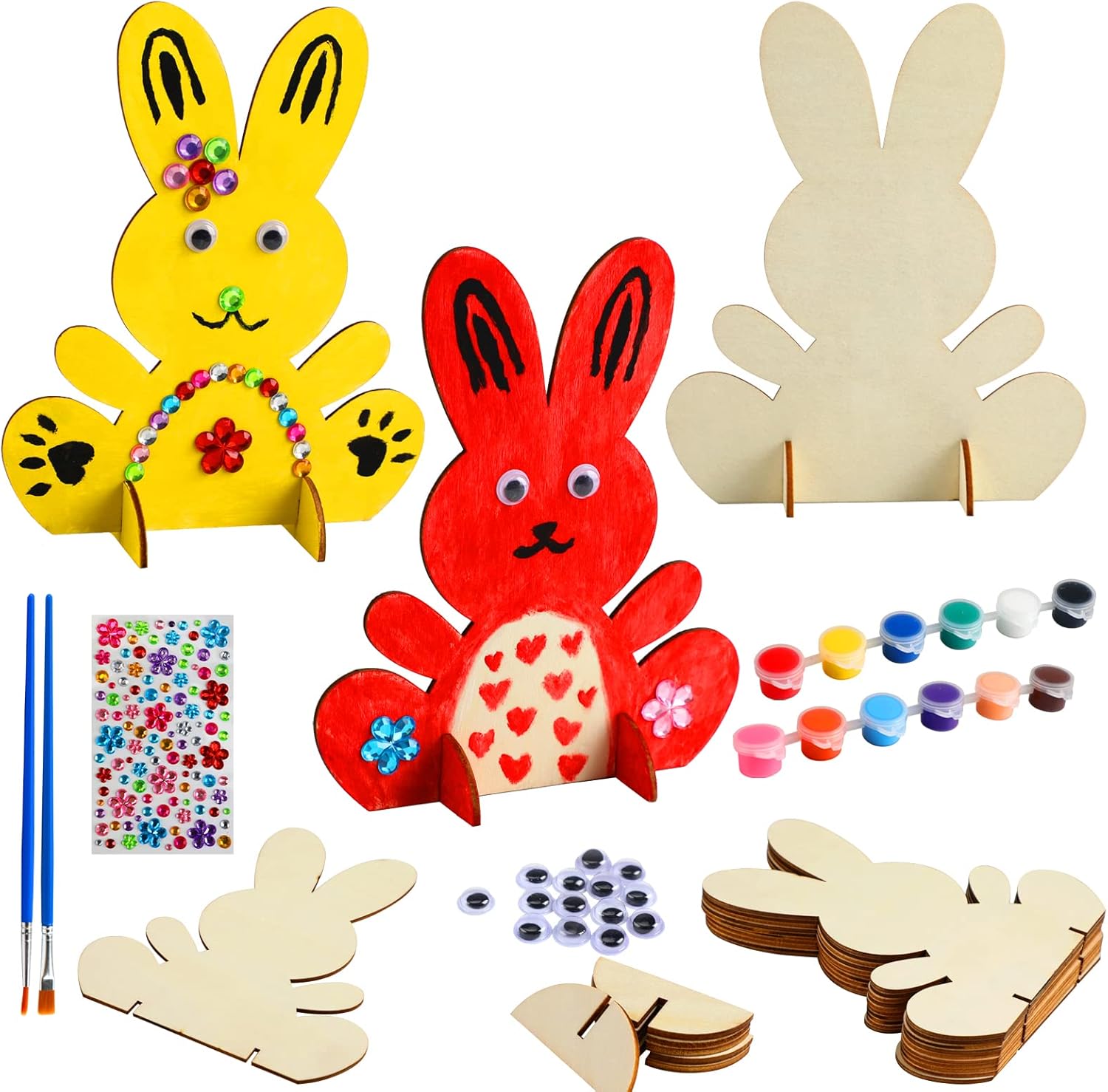 Easter Crafts for Kids, 10pcs Wooden Bunny Cutouts Arts and Crafts Painting Kits for Kids Boys Girls 4-8 8-12 Easter Basket Stuffers Party Favors Activities Gifts Spring Home Decorations