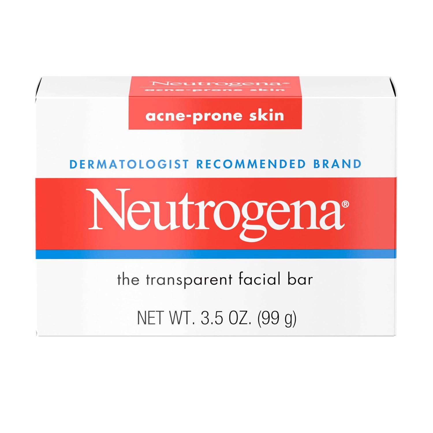 Neutrogena Facial Cleansing Bar for Acne-Prone Skin, 3.5 oz | Gentle Non-Medicated Daily Cleanser, Non-Comedogenic Transparent Soap with Glycerin, No Dyes or Detergents