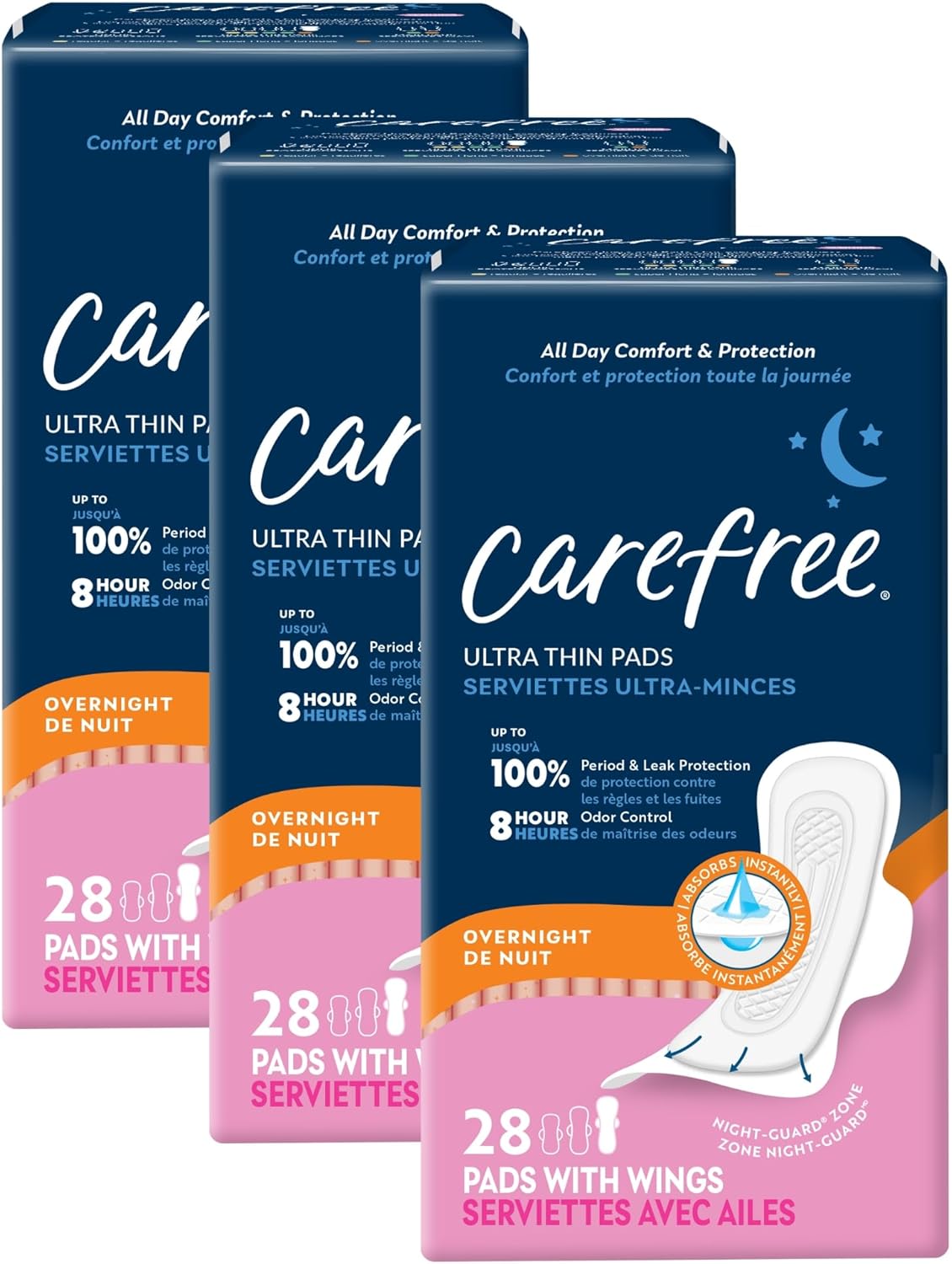Carefree Ultra Thin Pads for Women, Overnight Pads with Wings, 84ct (3 Packs of 28ct) | Carefree Pads, Feminine Care, Period Pads & Postpartum Pads | 84ct (3 Packs of 28ct)