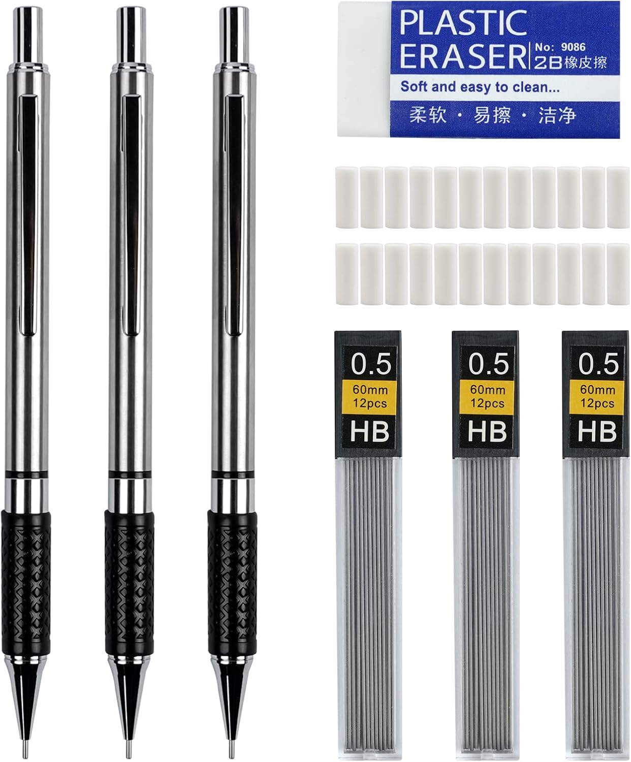 AUAUY 0.5mm Metal Mechanical Pencil Set, 3PCS Art Mechanical Pencils with 3 Tubes HB Lead Refills & 1PC Rectangular Eraser & 24PCS Cap Erasers for Children, Adults, Artist Writing, Drawing, Sketching