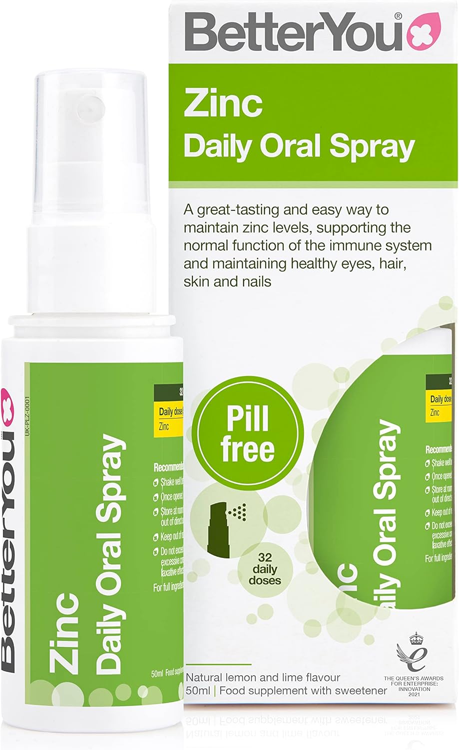 BetterYou Zinc Oral Spray Supplement, Fast Acting Zinc Bisglycinate Chelate Supplement for Immune System Support, 1-Month Supply, Made in The UK, Natural Lemon and Lime Flavour