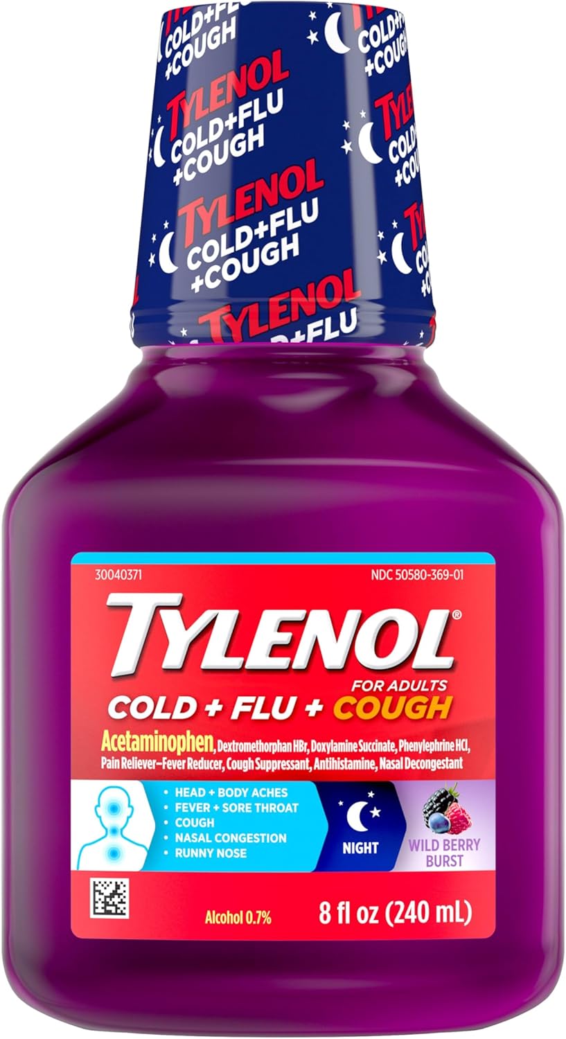 Tylenol Cold + Flu + Cough Night Liquid Medicine with Acetaminophen Pain Reliever & Fever Reducer, Cough Suppressant, Nasal Decongestant & Antihistamine, Wild Berry Burst Flavor, 8 fl. oz