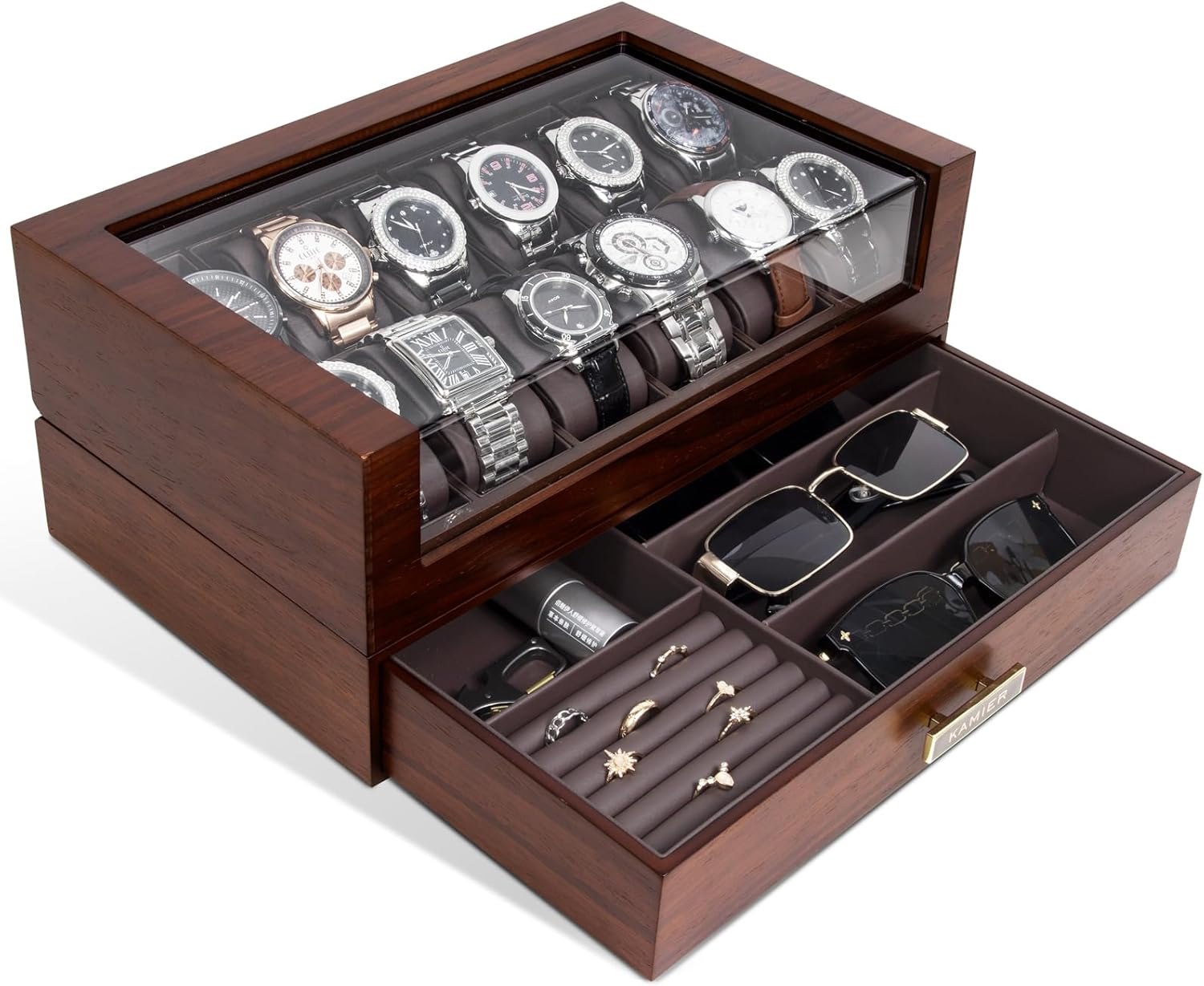 High End Watch Box for Men, 12 Slot Wooden Watch Case With Drawer, Watch Display Box with Glass Lid, 2-Layer Watch Holder for Jewelry and Watch Storage for Men Women , Ideal for Gift (With Gift Box)