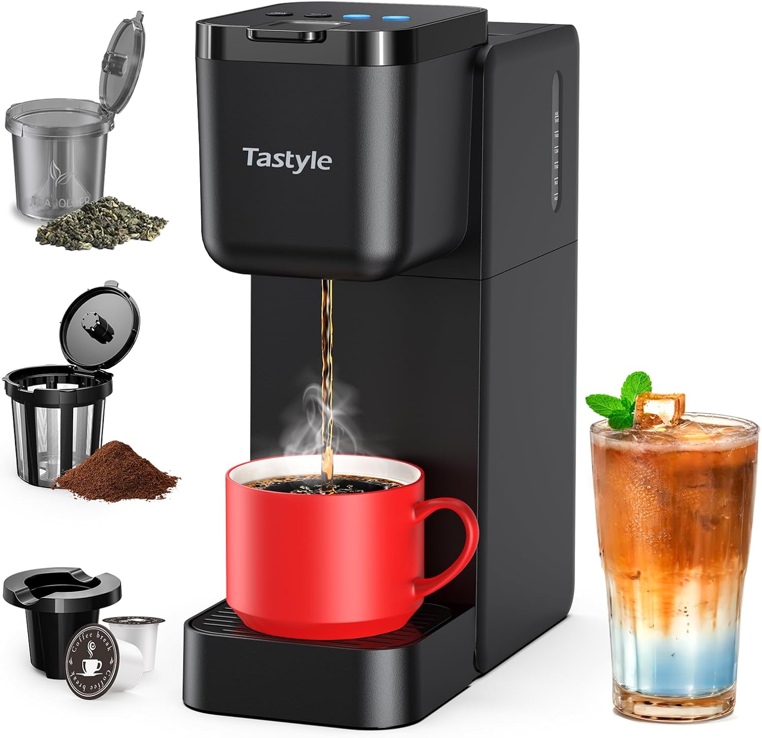 Single Serve Coffee Maker for K Cup, Ground and Tea Leaves, Hot and Iced Coffee Machines with Bold Setting, 6 to 16 Oz Brew Sizes, Compact for Small Spaces, Black (2.0 Version)