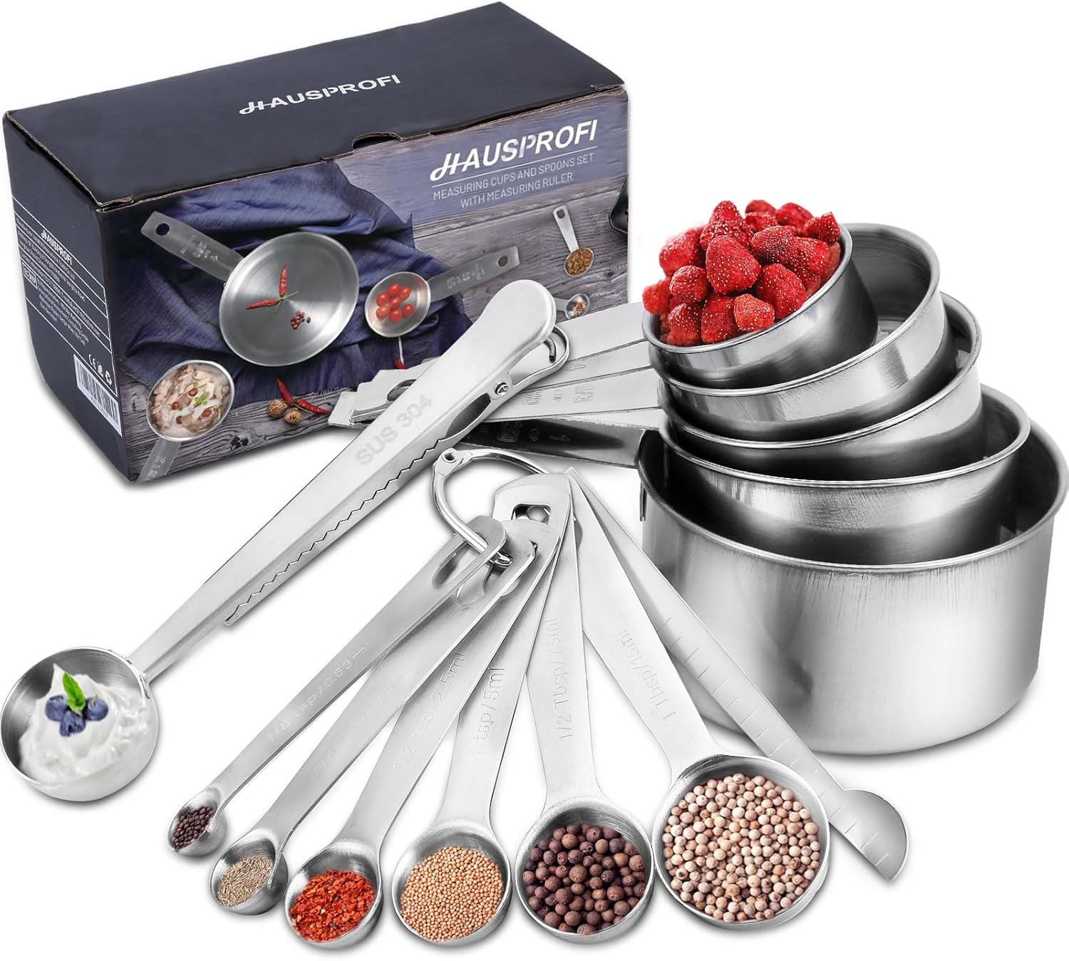 HAUSPROFI Measuring Cups and Spoons Set, 13 Pieces Premium Stainless Steel Measuring Spoons with Ruler Scoop/Clip for Baking, Liquid and Solid