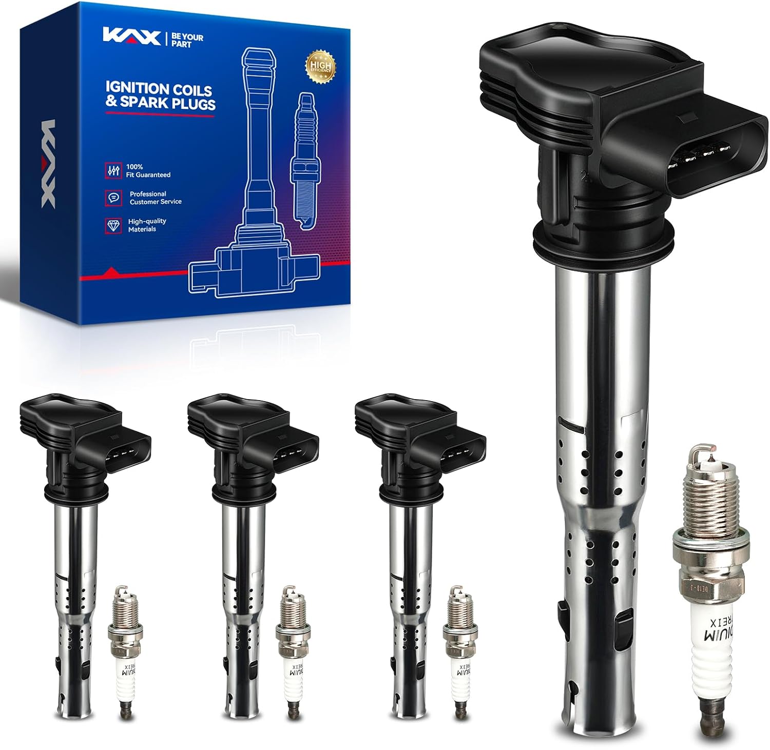 OEM Performance Set of 4 UF575 Ignition Coils & Iridium Spark Plug Compatible with Audi A3 A4 A5 A6 Q5 R8 TT RS4 RS5/Volkswagen Jetta Passat Tiguan Beetle CC Golf GTI