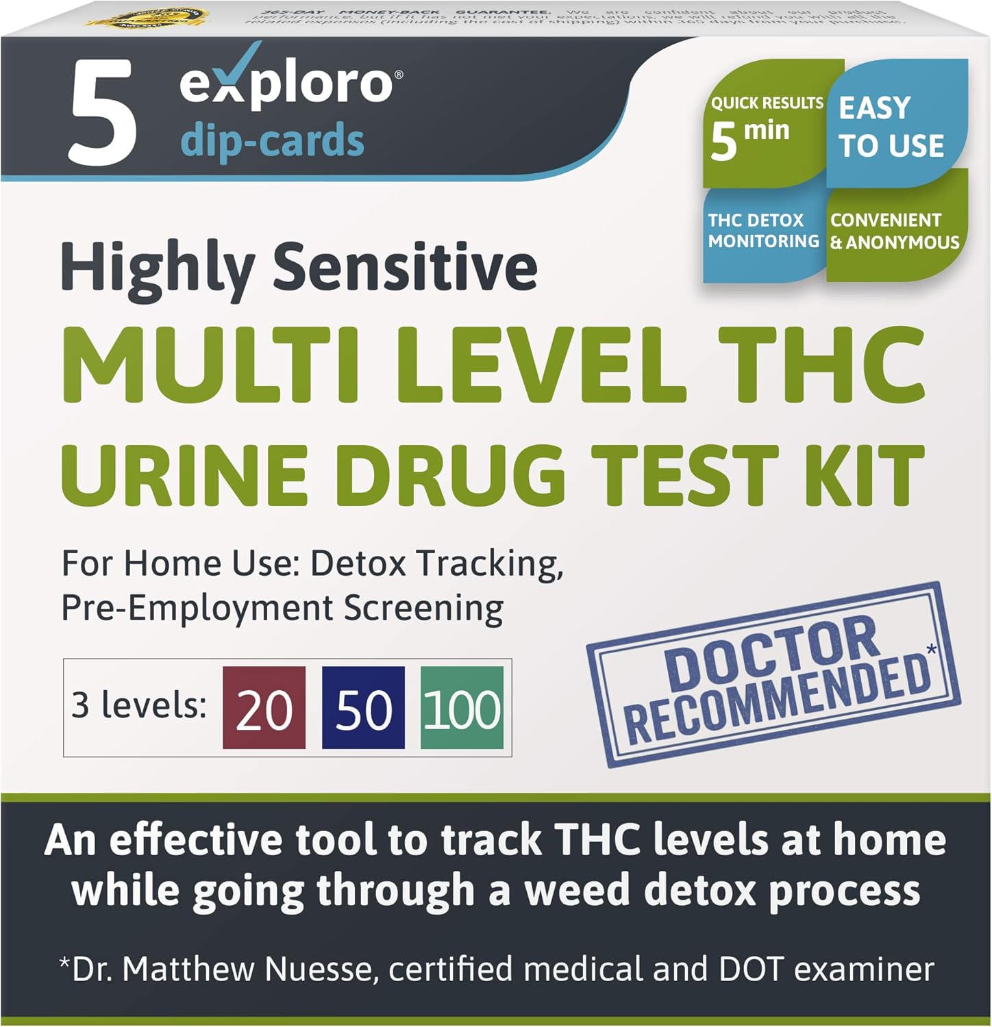 Exploro Highly Sensitive 3-Level THC Urine at Home Drug Test Kit, Drug Test Kit Marijuana Drug Test, THC Drug Test Urine, Easy Home Drug Test Marijuana/THC Substance Abuse, 5 Dip-Cards 20-50-100 ng/ml