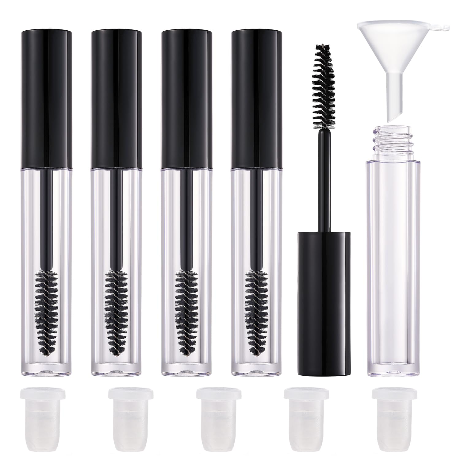 5 Pack Empty Mascara Tube, 2.5ml Transparent Reusable Eyelash Cream Container Bottle DIY Makeup Vials Cosmetic Tool for Castor Oil/Eyelash Growth Oil/Mascara with 5 Rubber Inserts, 1 Funnel