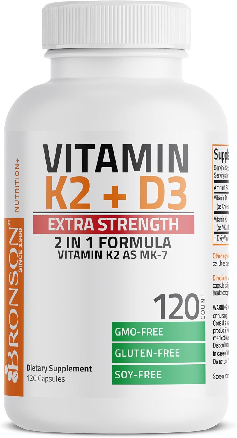 Bronson Vitamin K2 D3 (MK7) Extra Strength D3 & K2 Complex, 120 Capsules