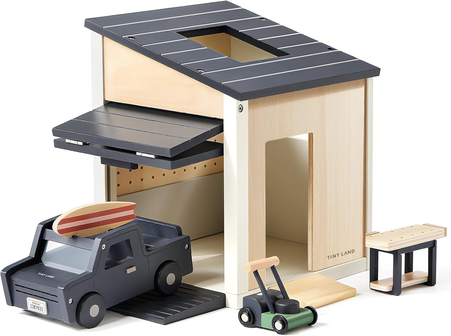 Tiny Land Wooden Dollhouse Garage Set – Realistic Design with Garage, Workbench,Lawn Mower & SUV Car, Expansion Dollhouse Furniture & Accessories for Doll house, Educational Pretend Play Gift for Kids