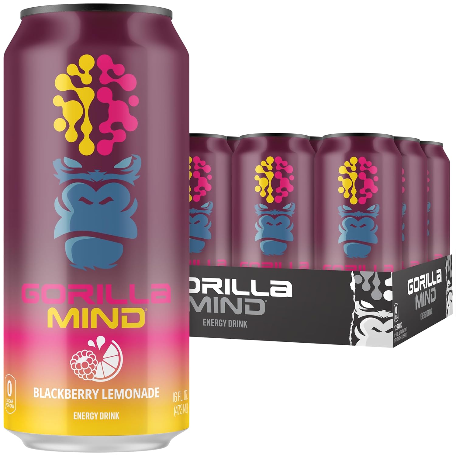 Gorilla Mind Energy Drink | Unmatched Energy · Amplified Focus | N-Acetyl-L-Tyrosine, Alpha-GPC, 200mg Caffeine, Uridine, Saffron | 0 Sugar Or Artificial Colors | 16oz, 12-Pack (Blackberry Lemonade)