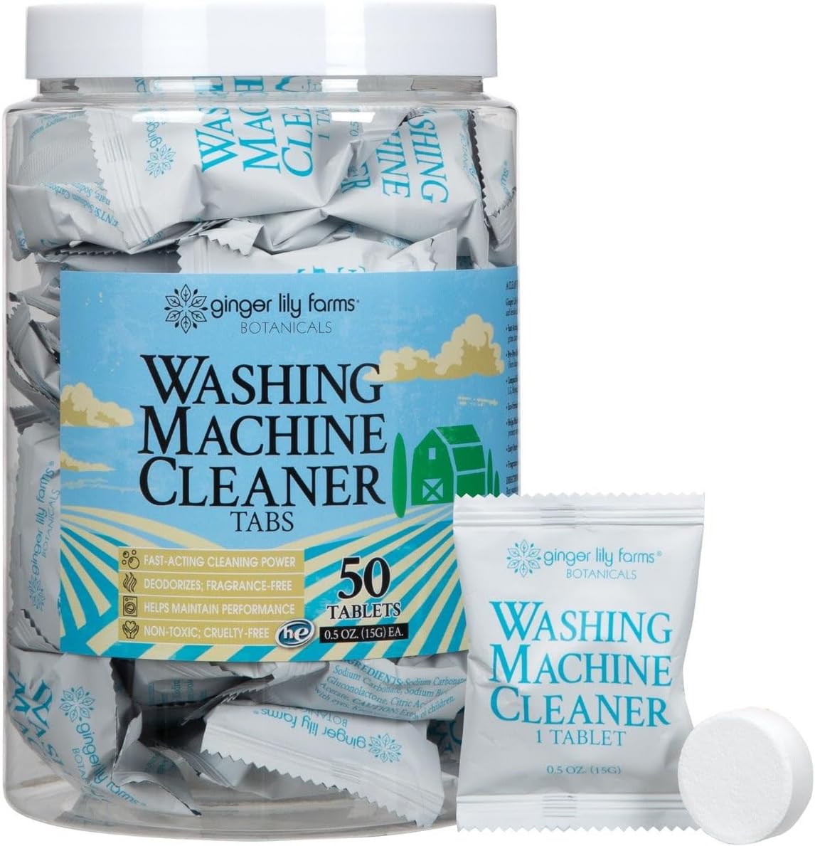 Ginger Lily Farms Botanicals Washing Machine Cleaner Tabs, Deep Cleaning Tablets for HE Front Load & Top Load Washers, Fragrance-Free, 50-Count