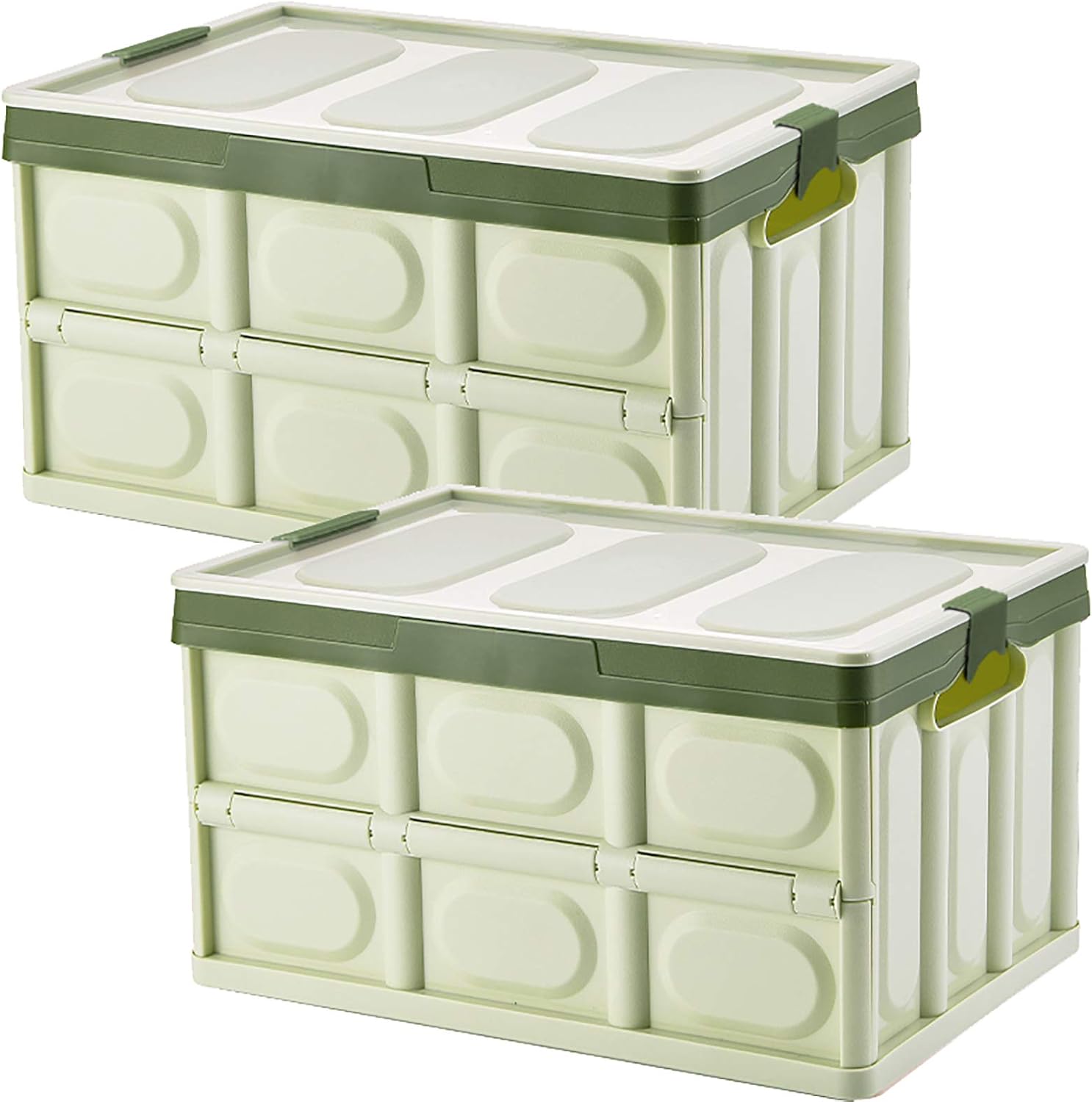 Tuevob Collapsible Storage Boxes Crates 2 Pack 30L Lidded Storage Bins Plastic Tote Storage Box Container Stackable Folding Utility Crate for Clothes, Toy, Books,Snack, Shoe Grocery Storage Bin-Green