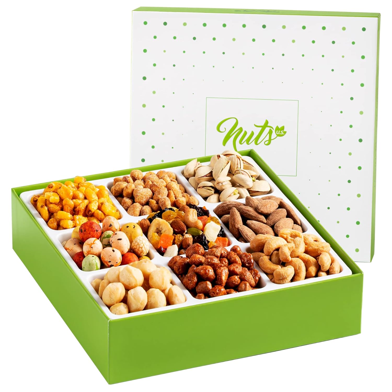 NUTS U.S. 9-Variety Dried Fruits & Nuts Gift Basket - Healthy Sweet & Salty Assorted Snack Box - Christmas, New Year, Birthday, Anniversary, Valentine’s Day, Corporate Gourmet Gift