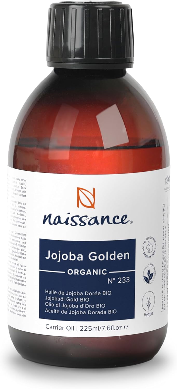 Naissance Organic Golden Jojoba Oil (No. 233) - 225ml - Cold Pressed, for Face, Skin, Hair, Eyelashes, Nails, Hair Growth